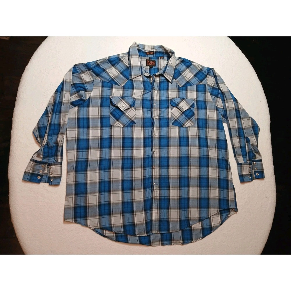 Plains Western Wear Pearl Snap Shirt Long Sleeve Blue Plaid Big Man XXXL 3XL